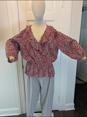 Chaps Red Paisley Ruffle V-Neck Blouse